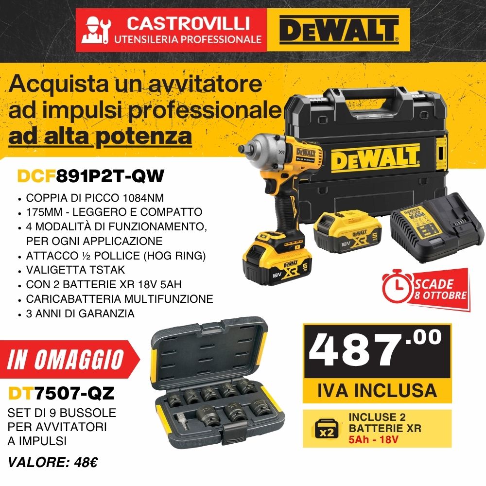 Avvitatore a impulsi DeWalt DCF891P2T-QW in offerta con set di bussole in omaggio